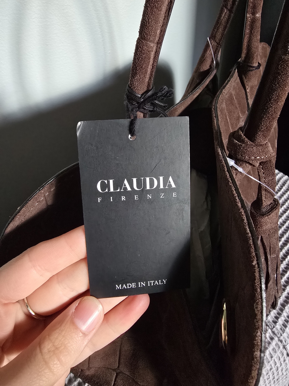 Genuine Leather Suede Croc-Embossed Claudia Firenze Brown Bag with Tassel NWT - Picture 6 of 12